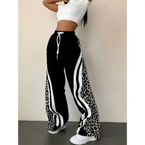 A women's fashionable new black leopard print white color-block striped drawstring waist pocket design sporty wide-leg Casual Streetwear Pants, suitable for summer, daily wear, and sports outfits.