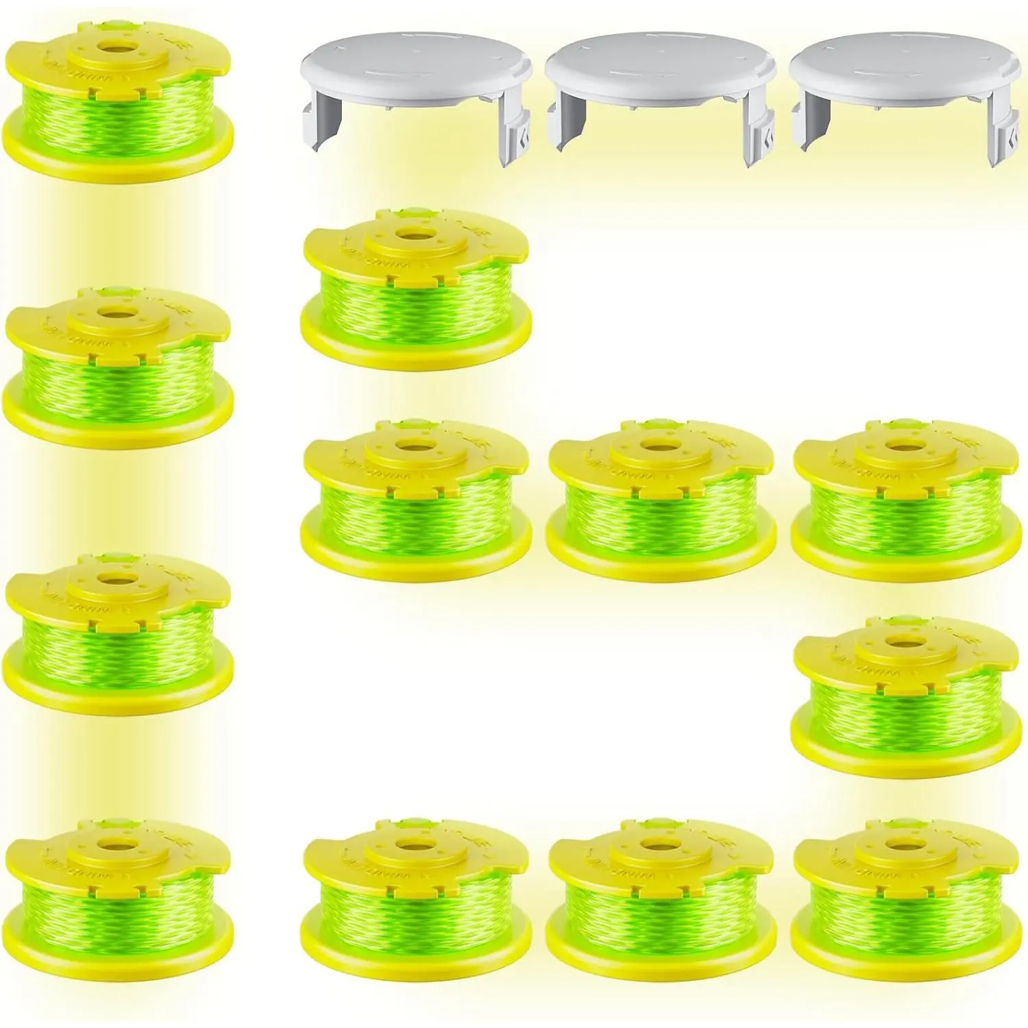15 Pcs AC80RL3 Replacement Trimmer Strings Compatible with Ryobi One Plus+, 0.080″ Diameter String Trimmer Refll and AC14HCA Cover Cap for 18v, 24v, and 40v Cordless Trimmers(12 Spools+3 Caps)