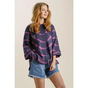 Umgee Full Size Tie Dye Side Slit Round Neck Distressed Detail Sweater Plus Size Casual Womenswear
