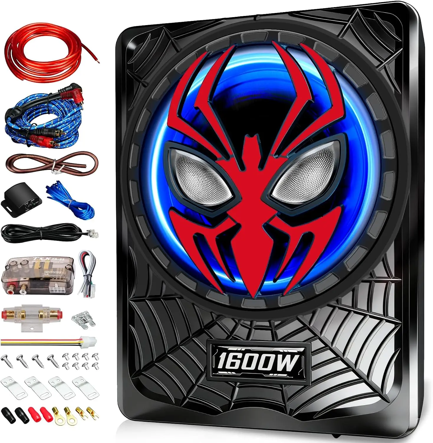2026 Upgraded 1600W DC 12V 10-Inch Ultra-Thin Under-Seat Car Audio Subwoofer with Built-In Amplifier, LPF/Gain/Bass Boost, RGB Lights, Independent Bass Knob, Distortion-Free High Output Audio, Travel Essentials