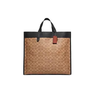 COACH Field 40 Classic Monogram Large Canvas and Leather Tote Bag for Women, Brown and Black