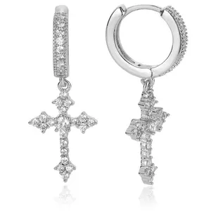 Men’s Cross Hoop Dangle Earrings - Cubic Zirconia Cartilage Hypoallergenic Gold And Silver Cross Dangle Earrings for Men & Women