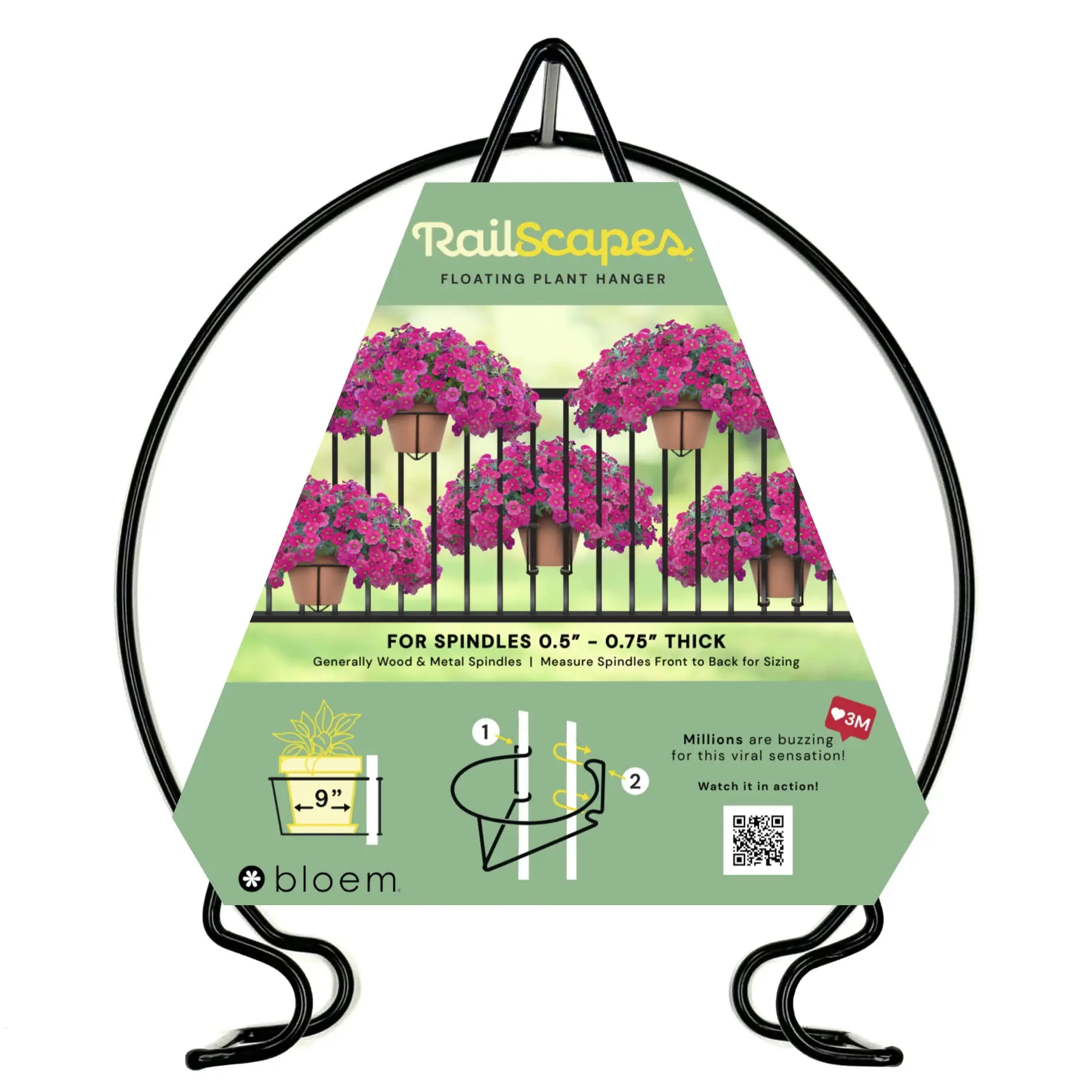 Bloem RailScapes Floating Railing Pot Holder - Adjustable Balcony Railing Hanger, Easy Assembly, Indoor and Outdoor Use, Garden
