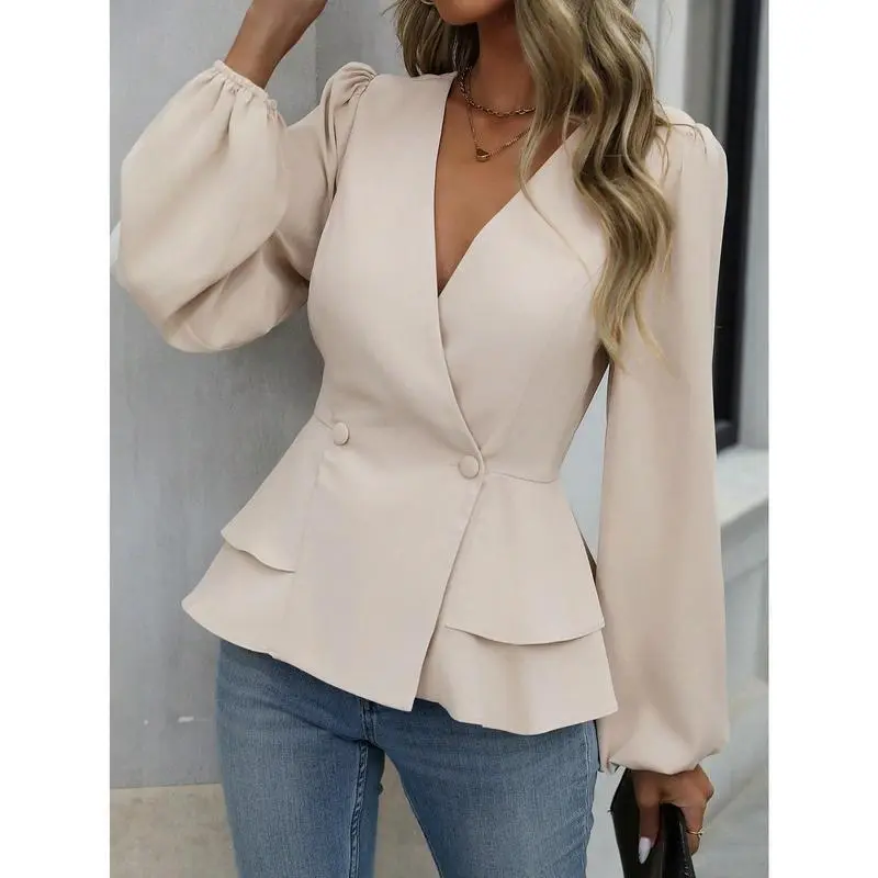 Clasi Women's Solid Color V-Neck Double-Breasted Wrap Elegant Long Sleeve Blouse Women Shirt