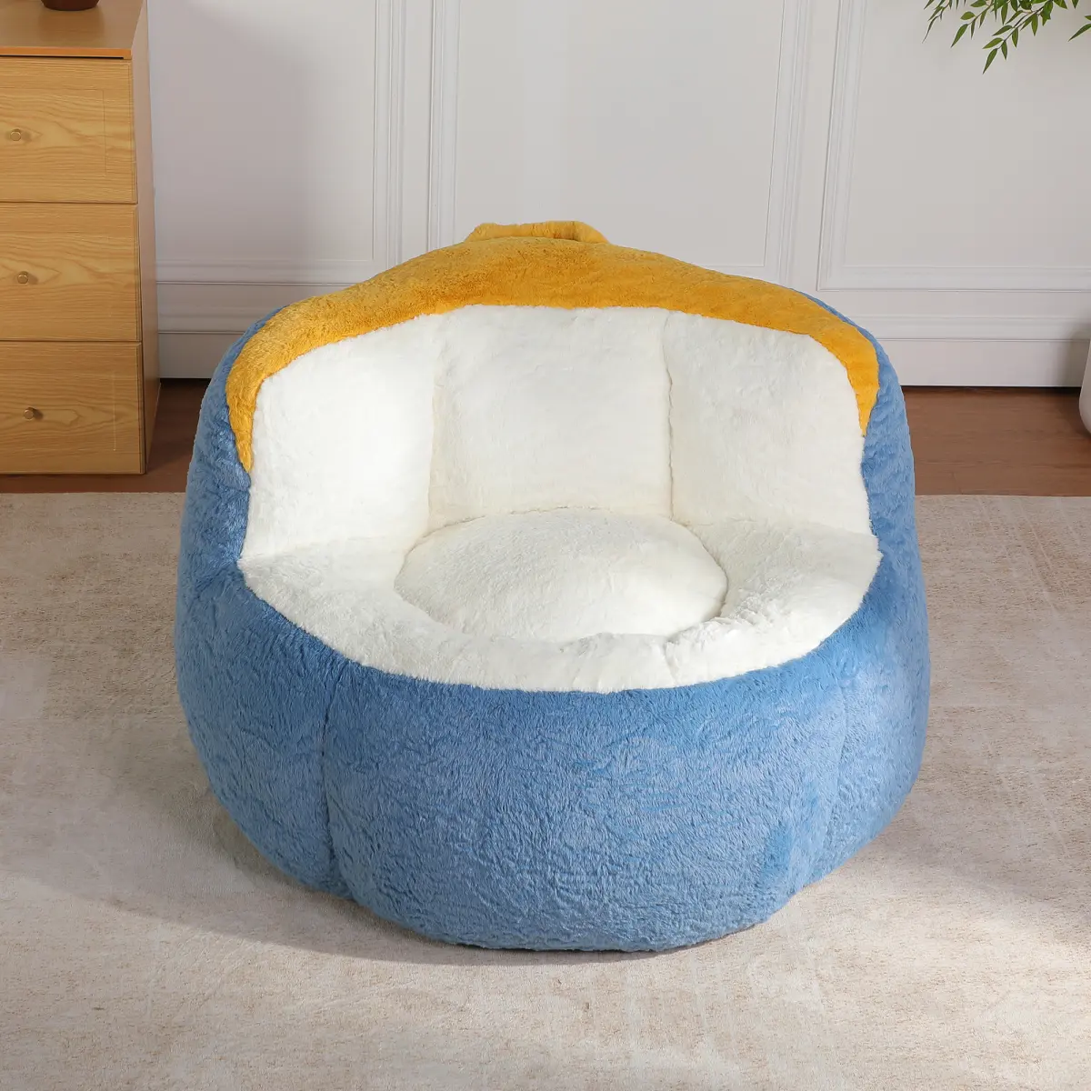 Modern Oversized Armless Faux Rabbit Fur Foam Bean Bag Chair - Pre-Assembled, High-Density Shredded Filling, Durable Soft Skin-Friendly Fabric, Easy-Move Handle, 3 Colors (Blue, White, Yellow), Packed in a Box, for Adults, Reading Nook, Relaxing at Home