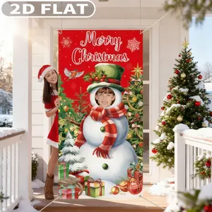 1pc 2D Flat Christmas Snowman Banner, Studio Background, Merry Christmas Party Decoration, 3x6 FT Polyester Xmas Tree Door Banner Fabric Face in Hole Photo Snowman Backdrop for Winter Holiday Party Supplies