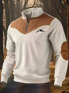 Men's Graphic Print Stand Collar Pullover Sweater, Knit Pullover Top, Fall & Winter Warm Half Zip Patchwork Retro Streetwear, Long Sleeve Casual Sportswear