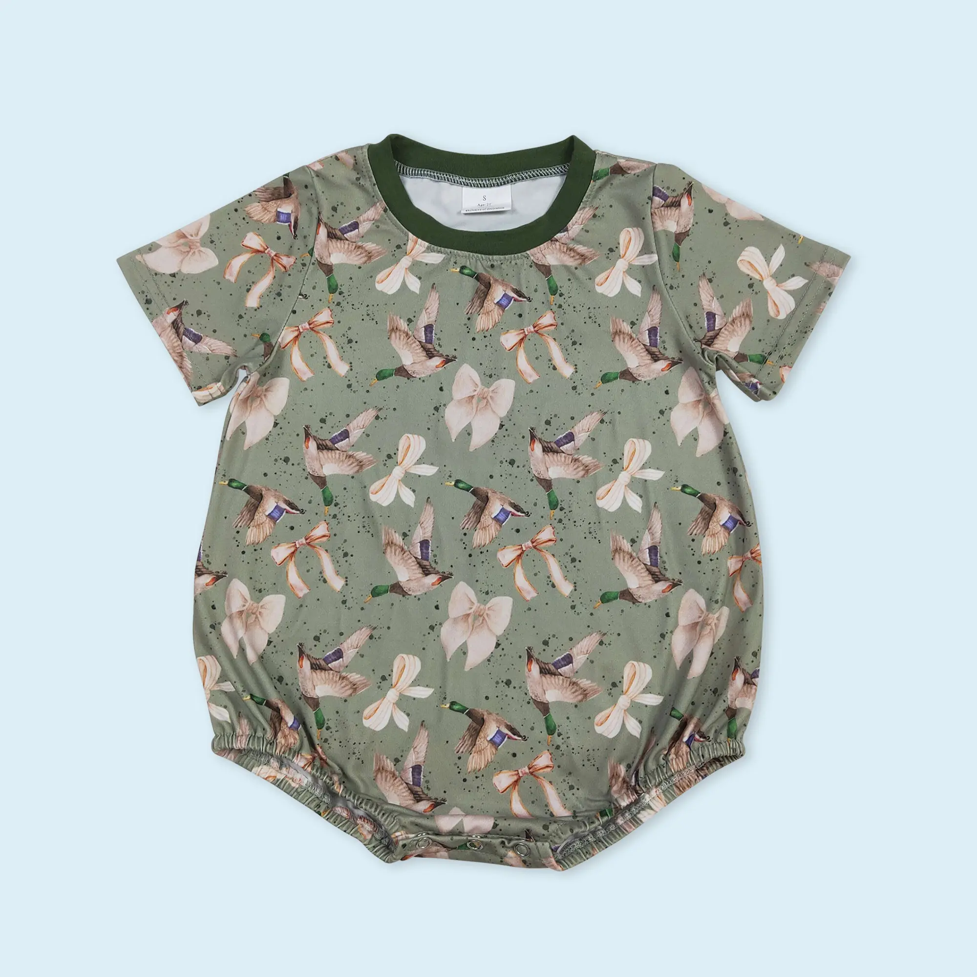 Mallard duck bow print  baby girl short sleeve romper