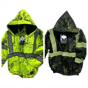 203 Menswear Camouflage Lime or Black Safety Bomber Jacket with Fleece Lining Hood - Coats