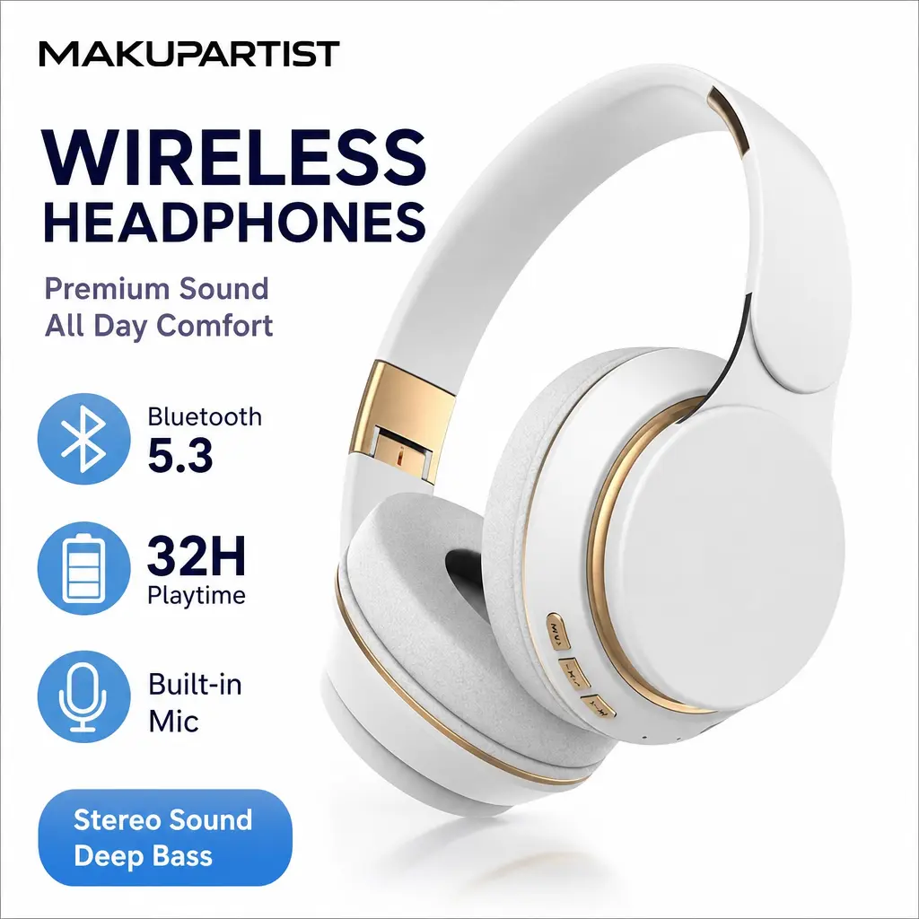 MAKUPARTIST Wireless Bluetooth Headphones, 32H Battery Life, Built-in Microphone, USB-C Charging, Sweat-Resistant Foldable High-Fidelity Bluetooth-Compatible Computer Headset for Phones, Laptops, Wireless Headphones