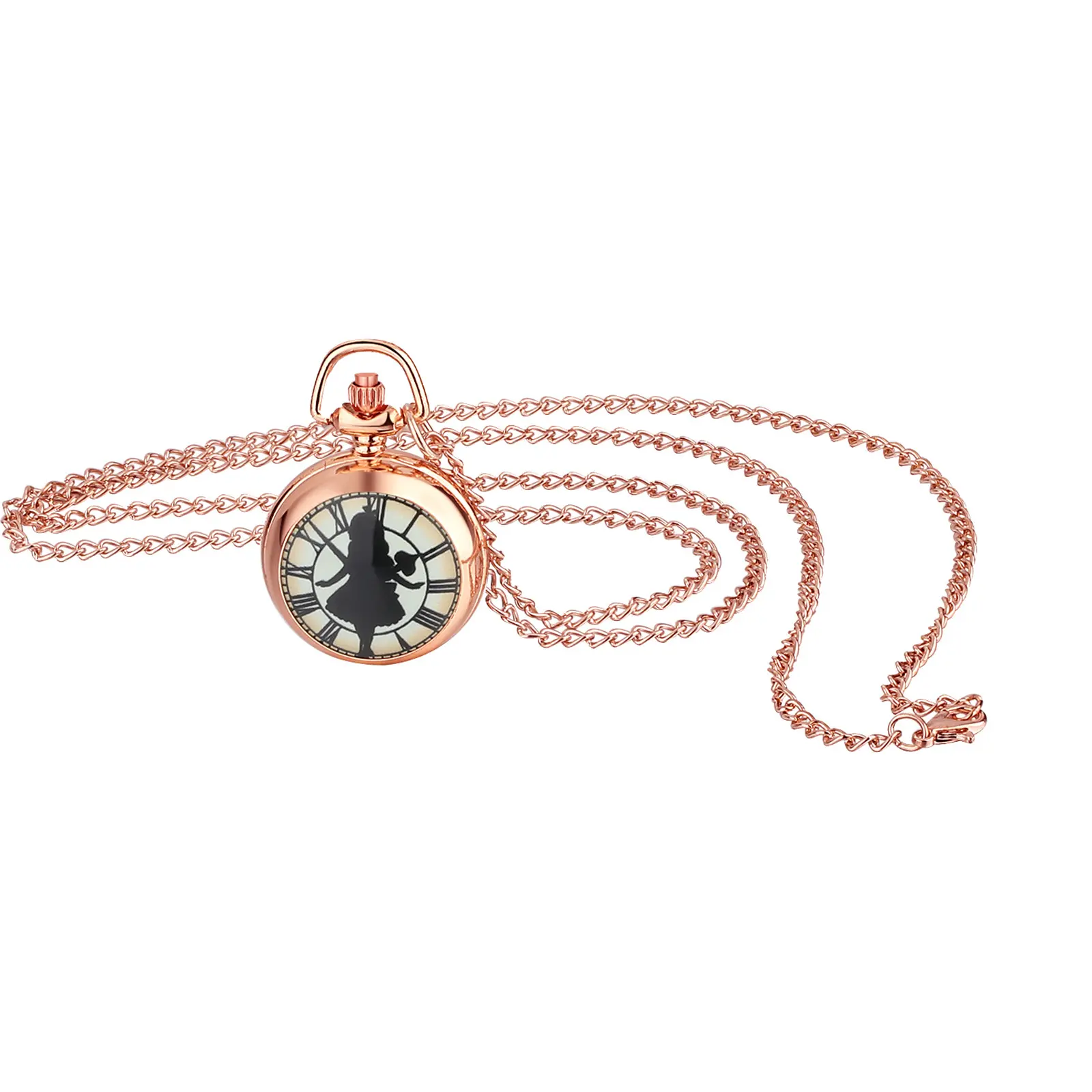 OIDEA Women's Pocket Watch Necklace, Rose Gold Alloy with Female Silhouette, Compact Quartz Keepsake, Splash Resistant for Everyday Wear, Feminine Look