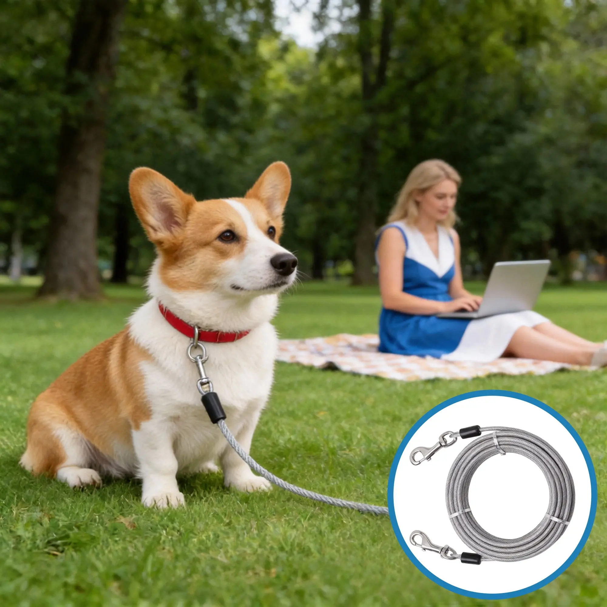 25 FT (7.62 yd) Heavy Duty Construction Dog Tie-Out Lead - Stainless Steel Chew Resistant Cable with Lockable Hook, Detachable Adjustable Collar, Bungee Buffer for Outdoor Safety, Camping, Parks
