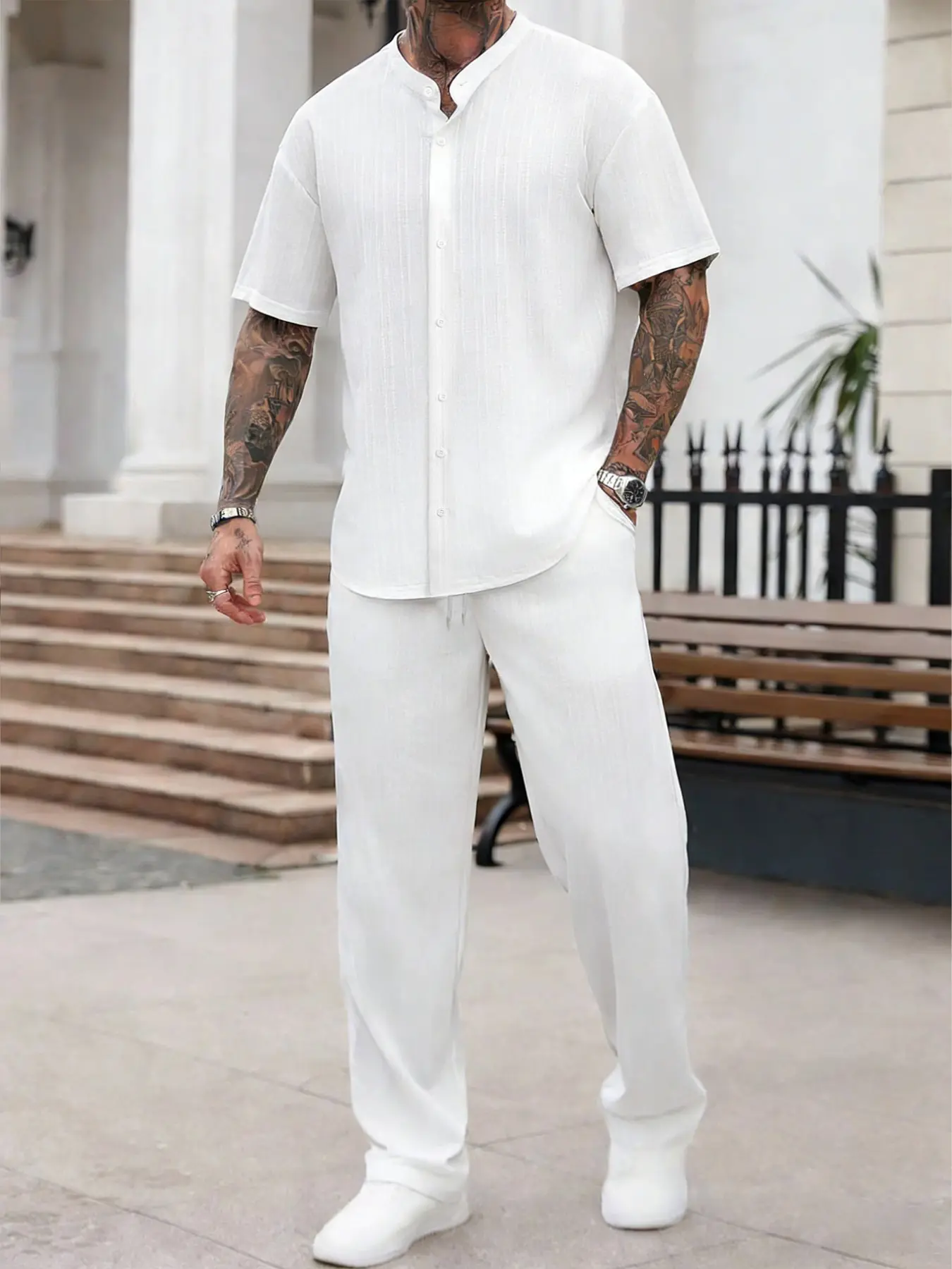 Men's Shirt Long Pants Set, Loose Plain Short Sleeve Button-Up Shirt with Elastic Waist Pants, Minimalist Summer, All-Season Wear