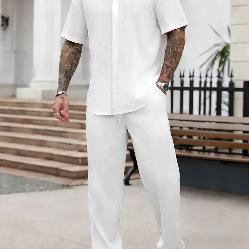 Men's Shirt Long Pants Set, Loose Plain Casual Short Sleeve Button-Up Shirt with Elastic Waist Pants Minimalist Summer, All-Season Wear