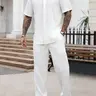 Men's Shirt Long Pants Set, Loose Plain Casual Short Sleeve Button-Up Shirt with Elastic Waist Pants Minimalist Summer, All-Season Wear