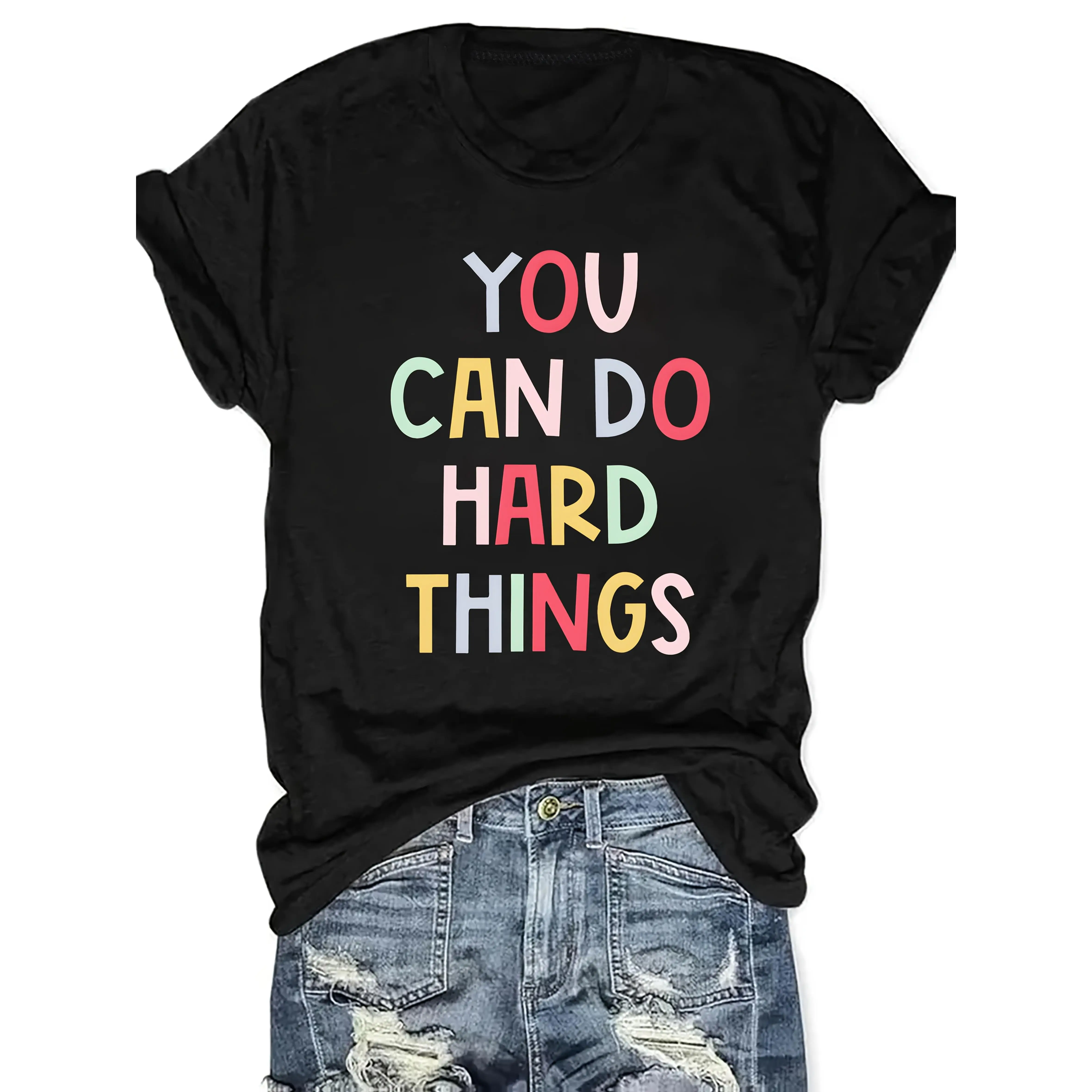 Women'S "You Can Do Hard Things" Graphic Tee - Black Casual Crew Neck T-Shirt with Colorful Alphabet Print, Short Sleeve, Spring/Summer, Casual Wear | Bold Lettering | Comfortable Fit