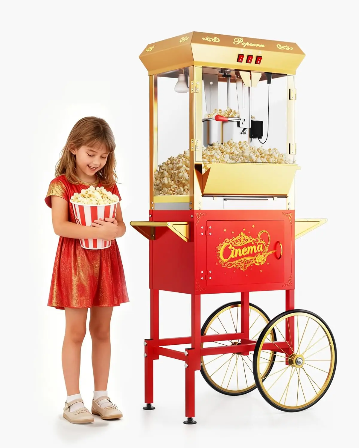 16oz Upgraded Commercial Popcorn Machine with Cart, Large Popcorn Machine Makes Up to 80 Cups, Movie Theater Pop Corn Machine with Easy-Rolling wheels & Stainless-Steel Kettle, Red&Gold