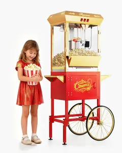 16oz Upgraded Commercial Popcorn Machine with Cart, Large Popcorn Machine Makes Up to 80 Cups, Movie Theater Pop Corn Machine with Easy-Rolling wheels & Stainless-Steel Kettle, Red&Gold