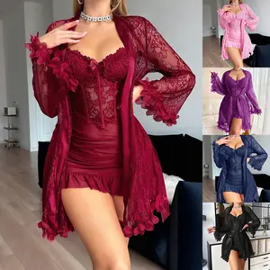 Women Two-piece Set Floral Lace Robe  Lace Camisole Nightgown Lingerie With Sleeves Lace Robe Set