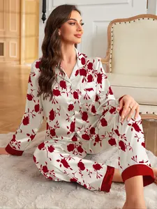 Elegant Women's Long Sleeve Floral Printed Lapel Pajama Set, Fitted Homeewear, Loungewear, All over Print, Casual Style, All Seasons