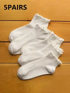 5 Pairs Women's Fitted Socks, Japanese Style Folded Hem Short Socks, Cute Ruffle Trim Socks, Casual Daily Wear, Basic, Womenswear
