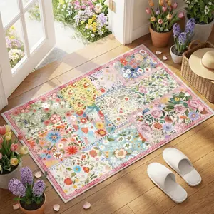 2x3ft  Floral Quilted Door Mat Flower Cute Pastel Spring Patchwork Rug Washable Non Slip Carpet for Entryway Bedroom Living Room Kitchen Laundry Front Indoor
