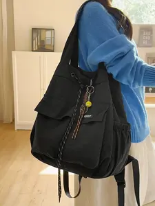 1pc Nylon drawstring shoulder tote bag, women's multi pocket 2-in-1 shoulder bag, multi back large capacity with tennis racket hanging accessory, casual daily carry on bag, suitable for commuting, travel, shopping and leisure travel, Casual Backpack