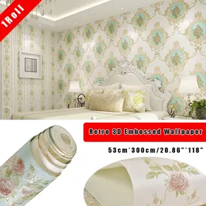 Removable Waterproof Peel & Stick Non-woven Wallpaper, 3D Embossed European Damascus Floral Wall Sticker , AB Design Vintage Wall Covering for Living Room Bedroom TV Background, Decorative Liner Paper for Cabinet Drawer Dresser Furniture