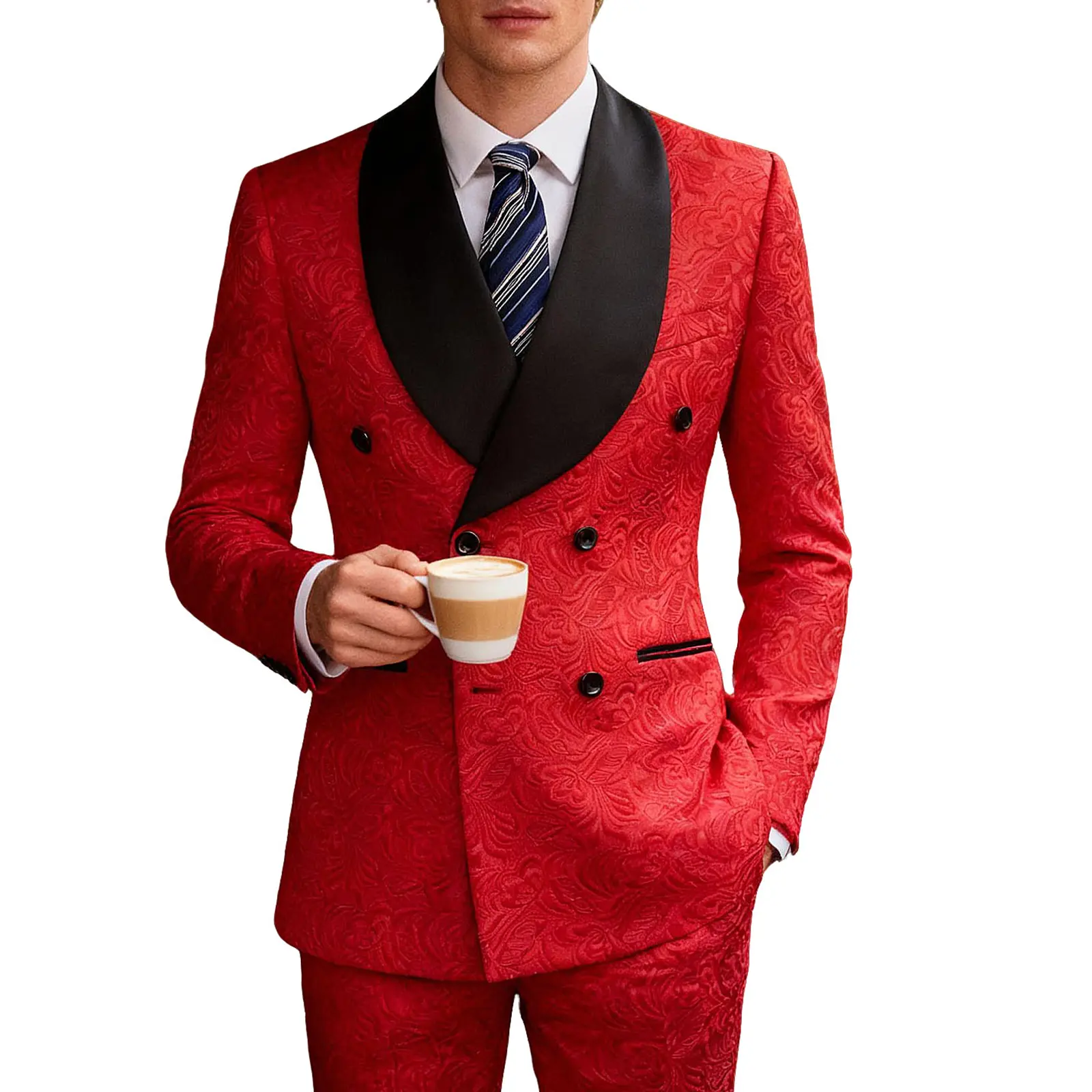 Men Suits Slim Fit 2 Piece Paisley Double Breasted Blazer with Black Shawl Collar, Jacquard Fabric, Formal Prom Wedding Tuxedo Jacket and Pants Menswear Ball Big Dress