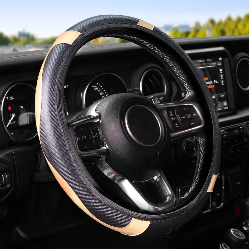 KAFEEK Carbon Fiber Elastic Leather Steering Wheel Cover Anti-Slip Design for 15-inch Wheels in Black Beige Purple Red Ideal for Men Women Automotive Accessories