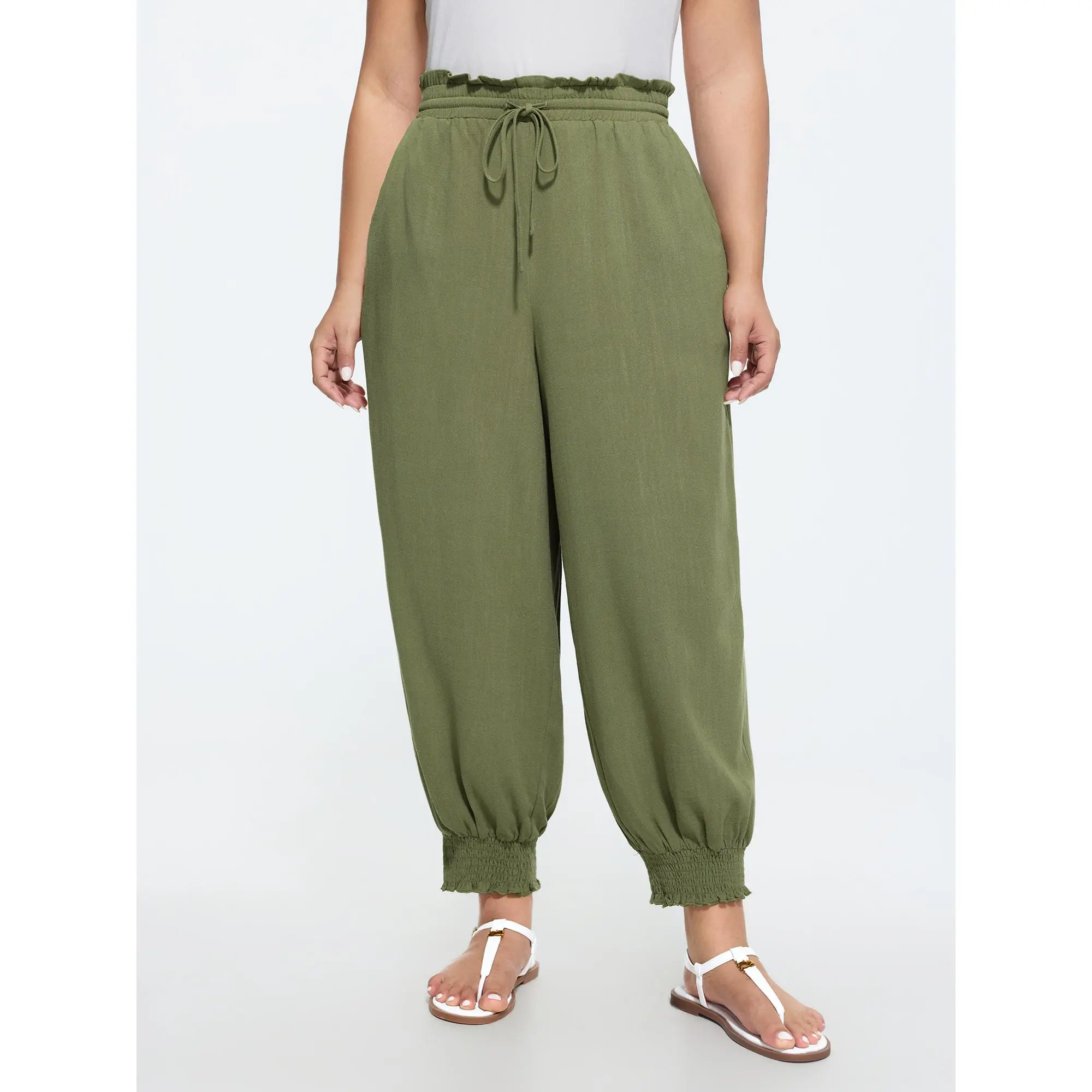 BloomChic Women's Plus Size Boho Cropped Pants in a Rayon Linen Blend with a Mid Rise Drawstring Waist and Ruffles, Smooth, Garment, Bottom, Pocket