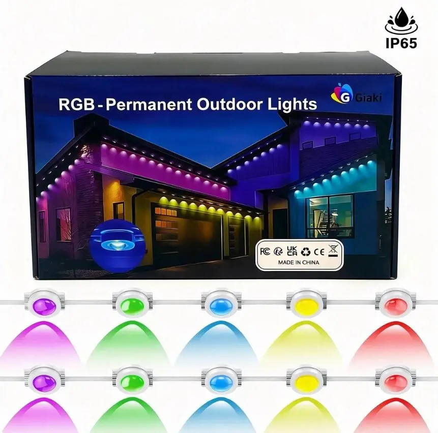 150FT Outdoor RGB Smart Eaves Festive Colorful Lights - 24V, 10-50W, 75LED, IP65 Waterproof, Voice Assistant, Bluetooth App Controlled, Music Synchronization, Adjustable Speed, DIY Scene Modes, Ideal for Party, Garden Decor, Alexa