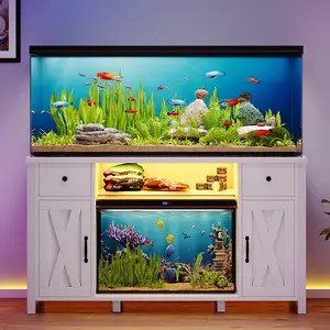 HOMBCK 75 Gallon Fish Tank Stand With LED Light & Power Outlets, 55-75 Gallon Aquarium Stand With 2 Drawers & 2 Barn Doors, 52" L X 20" W Cabinet For 2 Fish Tank Accessories Storage, Turtle Tank, White, Dark Oak, No Fish Tank