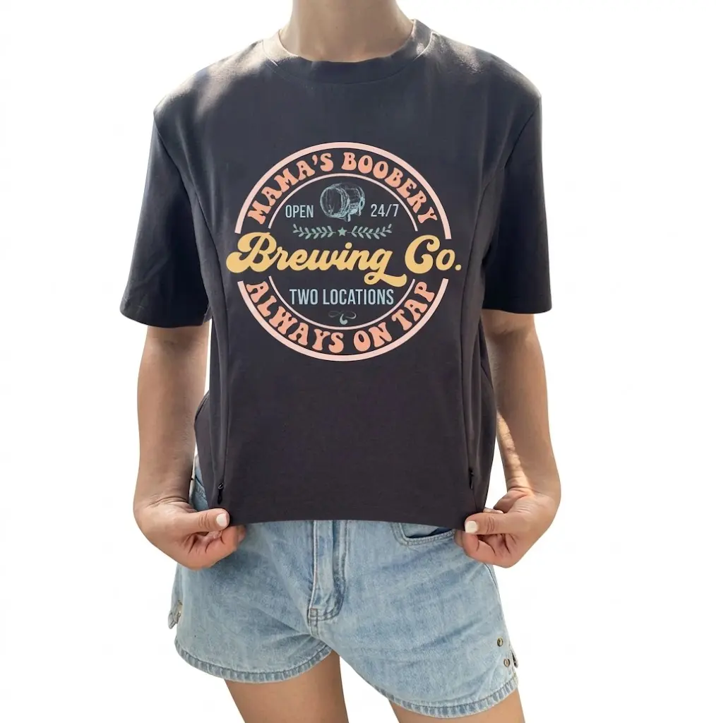 Giftifymama Breastfeeding Brewery Nursing T-Shirt with Zipper Brewing Co Casual Cotton Shirt Baby Shower Gift Mama’s Boobery Shirt Pregnancy Shirt Fit Womenswear