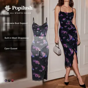 Popilush Black Satin Cowl Neck Dress with Lace Trim & Side Slit  Elegant Spaghetti Strap Midi Gown Fit Floral