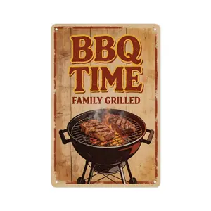BBQ Time Family Grilled Vintage Metal Tin Sign 8x12 Inch (20×30cm) - Retro Grill Wall Decor, Funny Outdoor Patio Sign, Perfect for Backyard, Man Cave, Barbecue Gift
