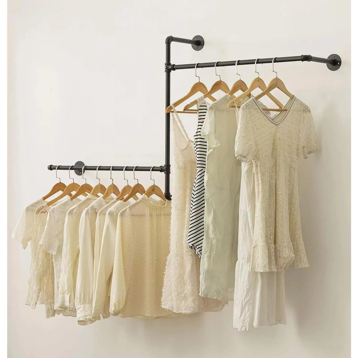 Industrial Pipe Clothing Rack Wall Garment Rack with Pipe Clothes Rails, Multi-Purpose Heavy Duty Clothes Hanging Rods Space-Saving Clothes Bar Organizer Closet (wall clothing rack-2 hanging rods)