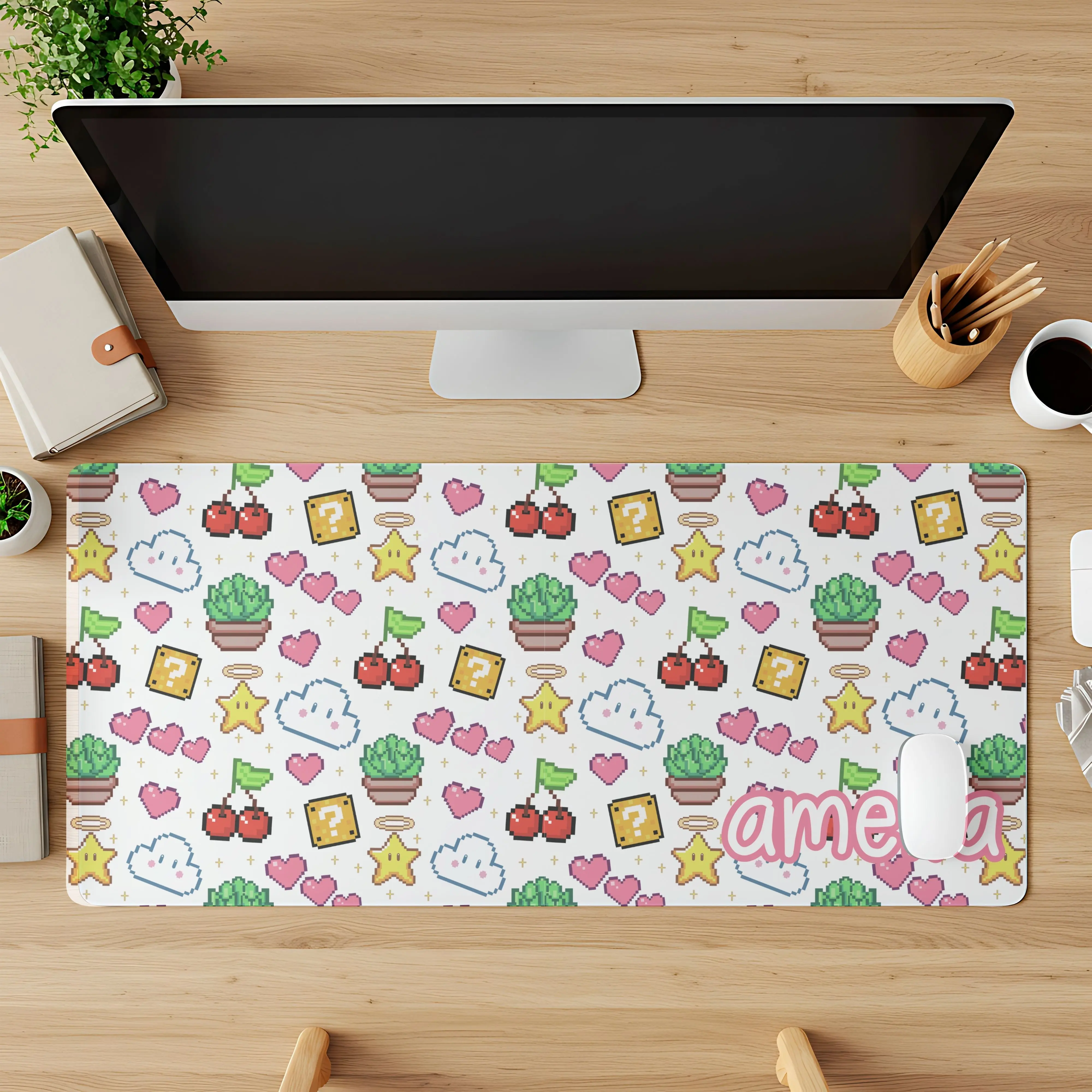 Cute Pixel Art Personalized Desk Mat, Pixelated Art Desk Pad, Kawaii Mousepad XL, Name Desk Mat, Retro Video Game Desk Decor, Gamer Deskmat