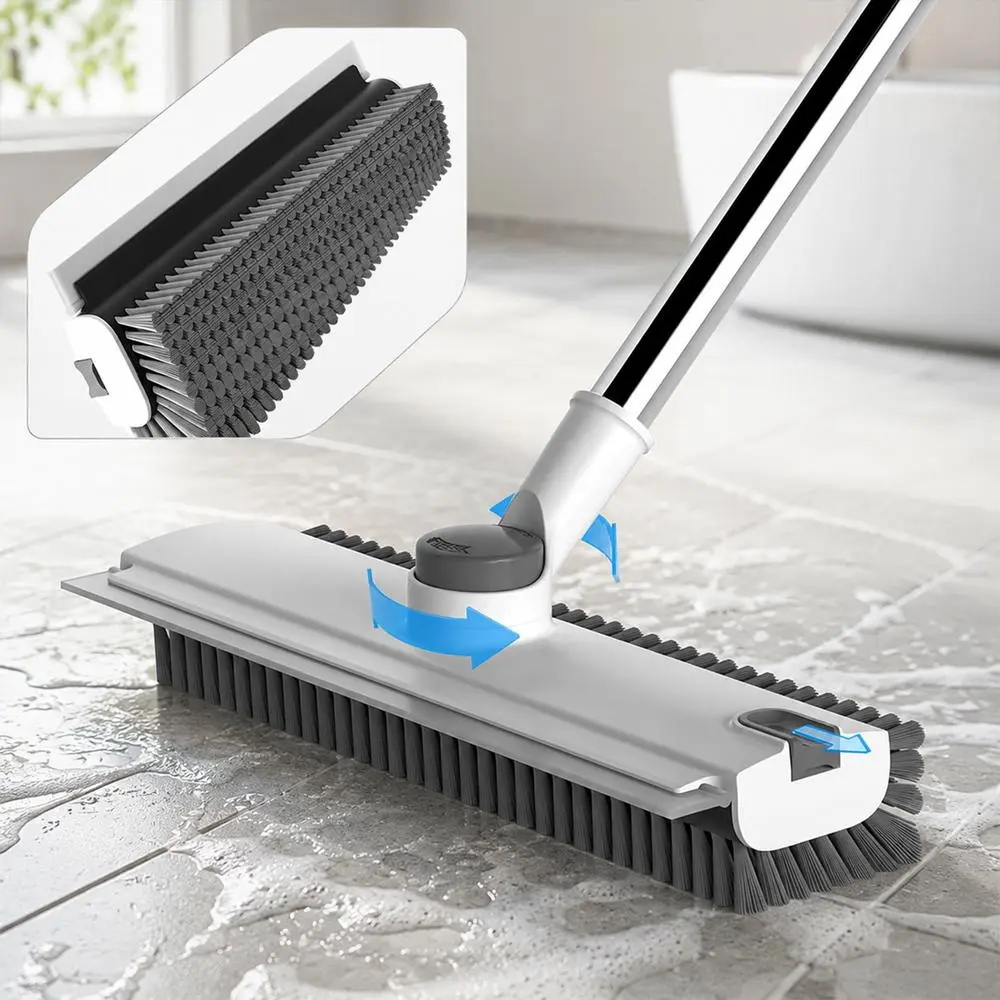 Sturdy All Purpose 3-in-1 Scraper Broom Long Wand Floor Scrub Brush, Reinforced Thick Bristles Large Spin Head Squeegee Magic Eraser Mop Insert, Bathroom Household Deep Clean Accessory White&Grey