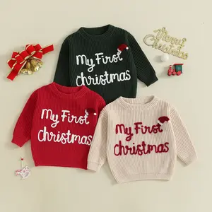 Kids Infant Newborn Baby Boys Girls Knit Sweater Santa Hat My First Christmas Embroidery Pullover Long Sleeve Sweatshirt Tops Winter Clothes