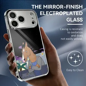 PIKPAKA Cartoon B-BoJack H-Horseman Phone Case For iPhone 17 16 15 14 13 12 Pro Max Plus Electroplated Metal Bumper Case Slim Tempered Glass Back Advanced Materials Shockproof Anti-Scratch Luxury Case Fashion Durable Stylish