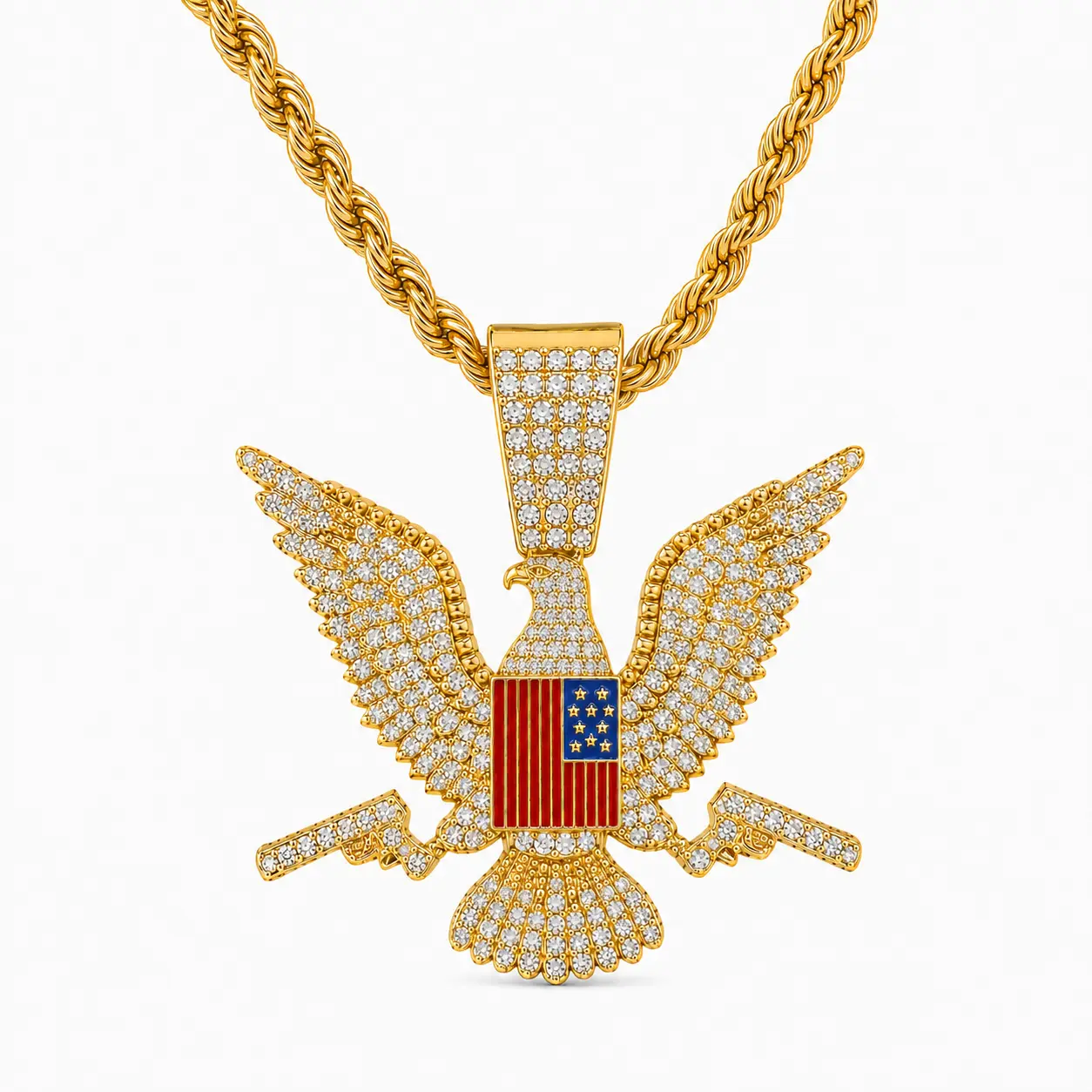 Fashion Rhinestone American Flag Eagle Bling Pendant Necklace for Men & Women, 22-Inch 5mm Gold-Tone Rope or Silver-Tone Cuban Chain, Hip Hop Costume Jewelry for Daily Wear, Party, Anniversary or Birthday Gift