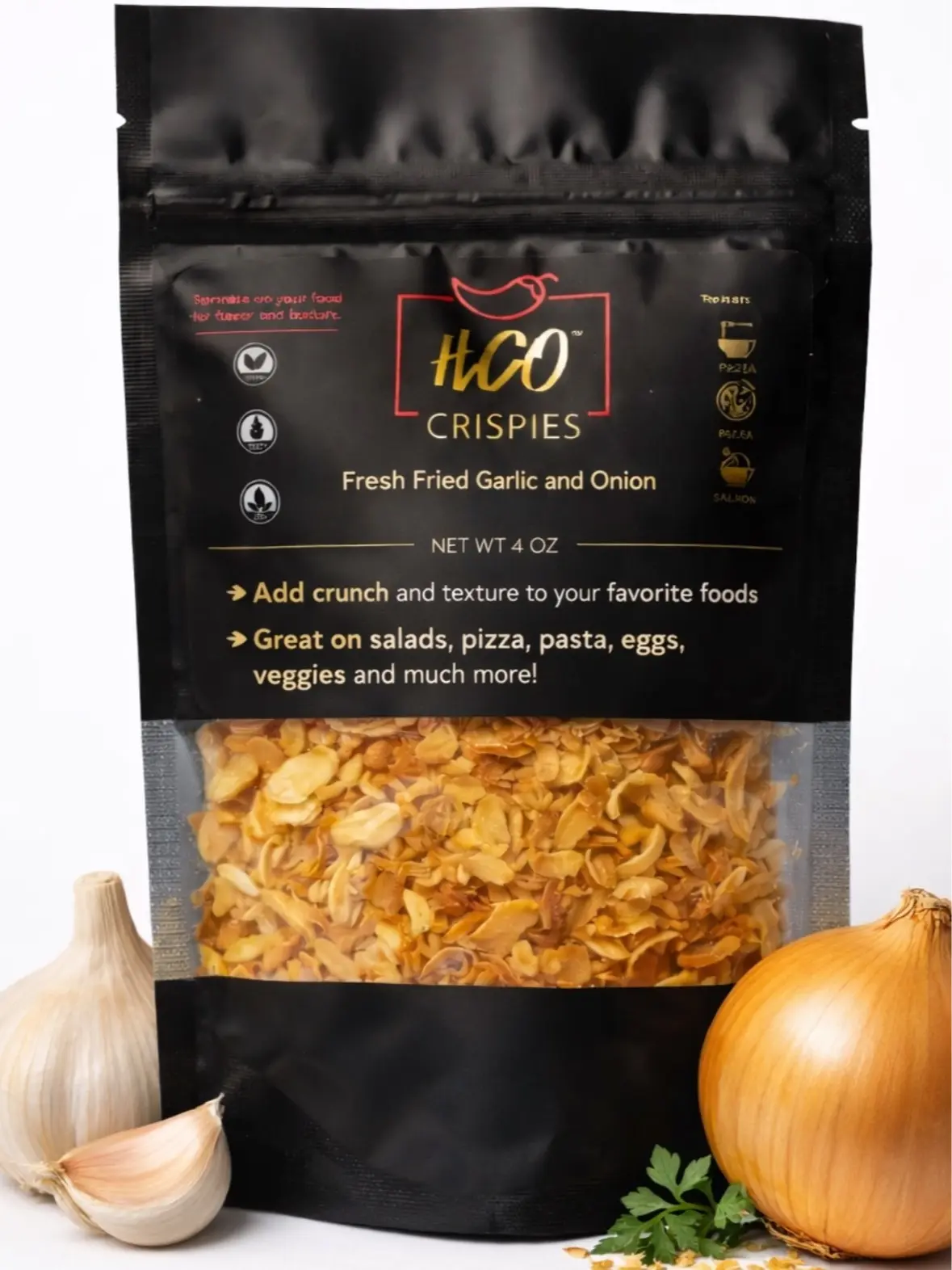 HCO Crispies Fresh Fried Garlic and Onion Perfect Topping - 4 oz, Pack of 2, Ambient, Mild, Room Temp Crunchy Snack for Salads, Pizza, Pasta