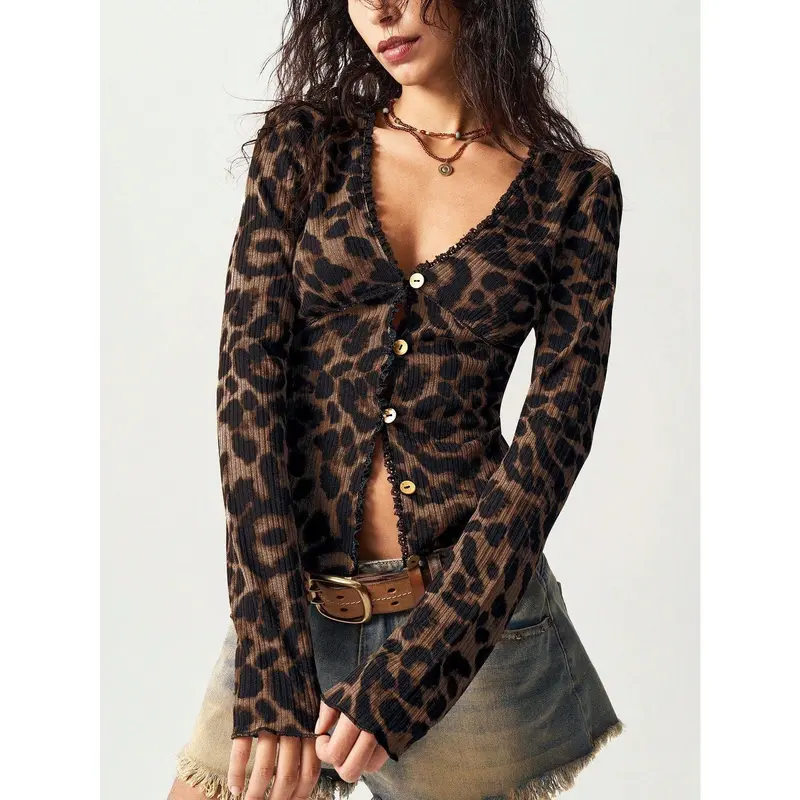 Women's Leopard Print Knitting Cardigan - Casual Chic V-Neck Long Sleeve Slim-Fitted Button-Up Bodycon Tops for Women, Lady Going Out Wear