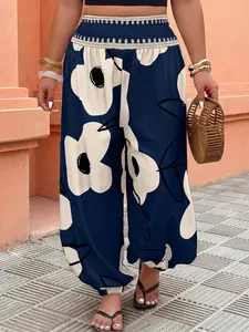 Women's Plus Size High Waist Wide Leg Pants, High Rise Palazzo, Bold Floral Print Loose Fit Summer Pants, Comfortable Casual Wear, Bohemian Boho Trousers, Casual Fashion Pants