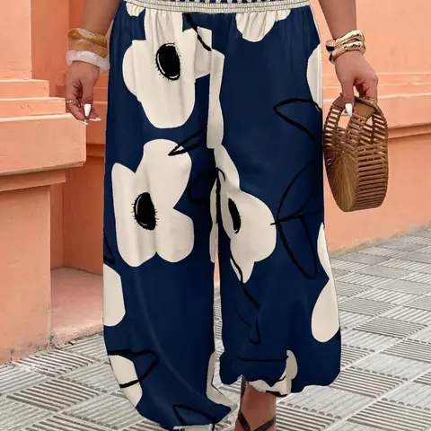 Women's Plus Size High Waist Wide Leg Pants, High Rise Palazzo, Bold Floral Print Loose Fit Summer Pants, Comfortable Casual Wear, Bohemian Style Boho Trousers, Casual Fashion Pants, Boho Clothes