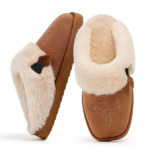 OOW Western Fluffy Slippers for Women with Memory Foam Comfy Houes Cowgirl Boot Slippers for Bedroom Indoor Square Toe Winter Walking Shoes Chestnut