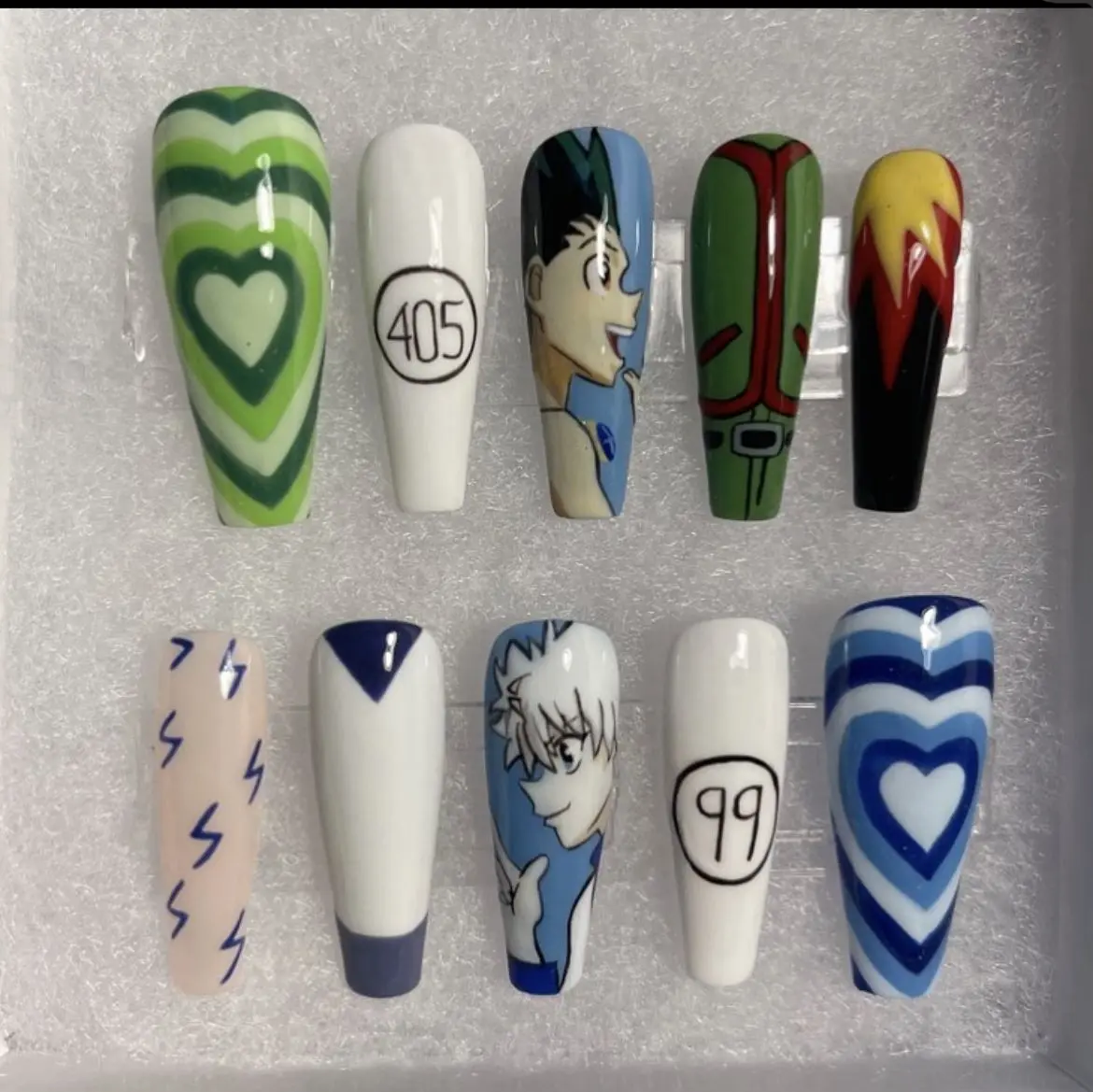 Hunter x Hunter Press On Nails, Gon Killua Handmade 3D Anime Reusable Acrylic Gel False Nails, Hunter Exam 405 99 Y2K Lightning Nail Art Gift for Women | Free Adhesive Tabs Nail File Cuticle Stick  Nail Kit