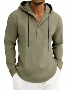 Men's Linen Texture Hooded Henry Shirt, Long Sleeve Button Collar Casual Pullover, Textured Hoodie for Beach Vacation All Seasons