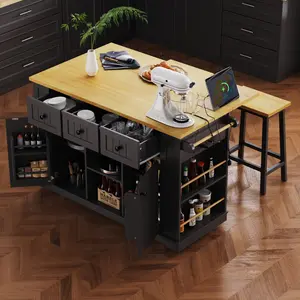53" Rolling Kitchen Island with Drop Leaf Extension, Built-In Power Outlet, Internal Storage Cabinet Door and 5 Open Side Racks, Large Mobile Kitchen Cart on 5 Locking Wheels for Dining Room, Patio, Apartment